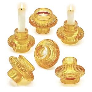 Set 6 Amber Glass Ribbed Candle‎ Holders Taper & Tealight 3.5"  Wedding Party